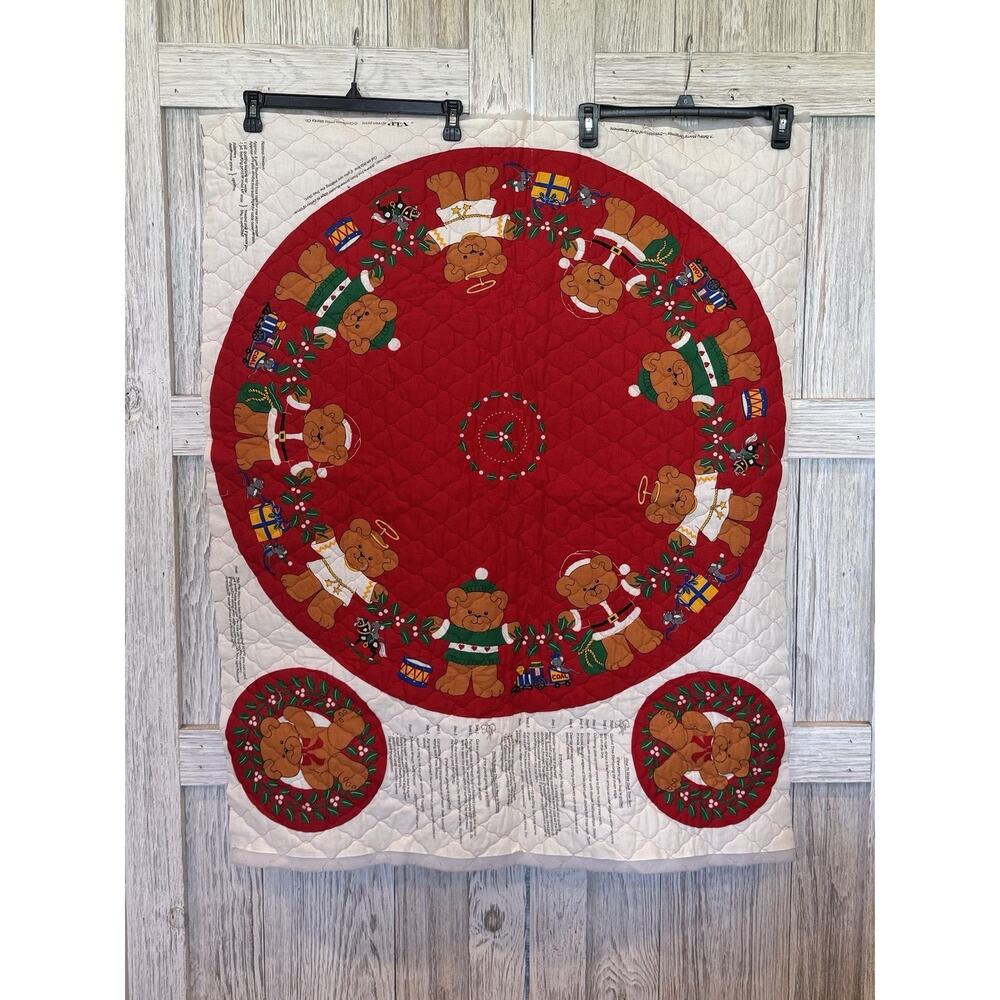 Vintage Teddy Bear Red Christmas Tree Skirt Handmade Holly Toys Angel Wreath